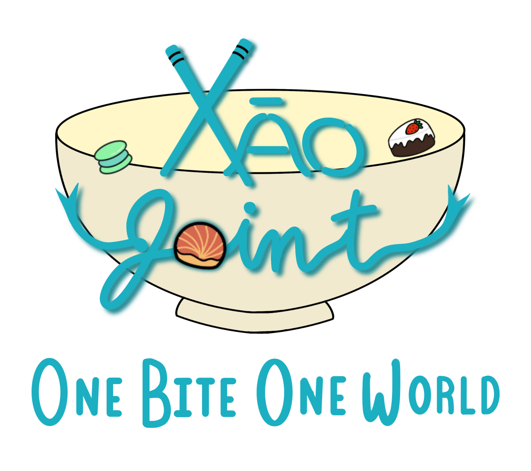 A logo featuring a bowl with chopsticks, decorated with various food items, conveying a message of global culinary experiences.