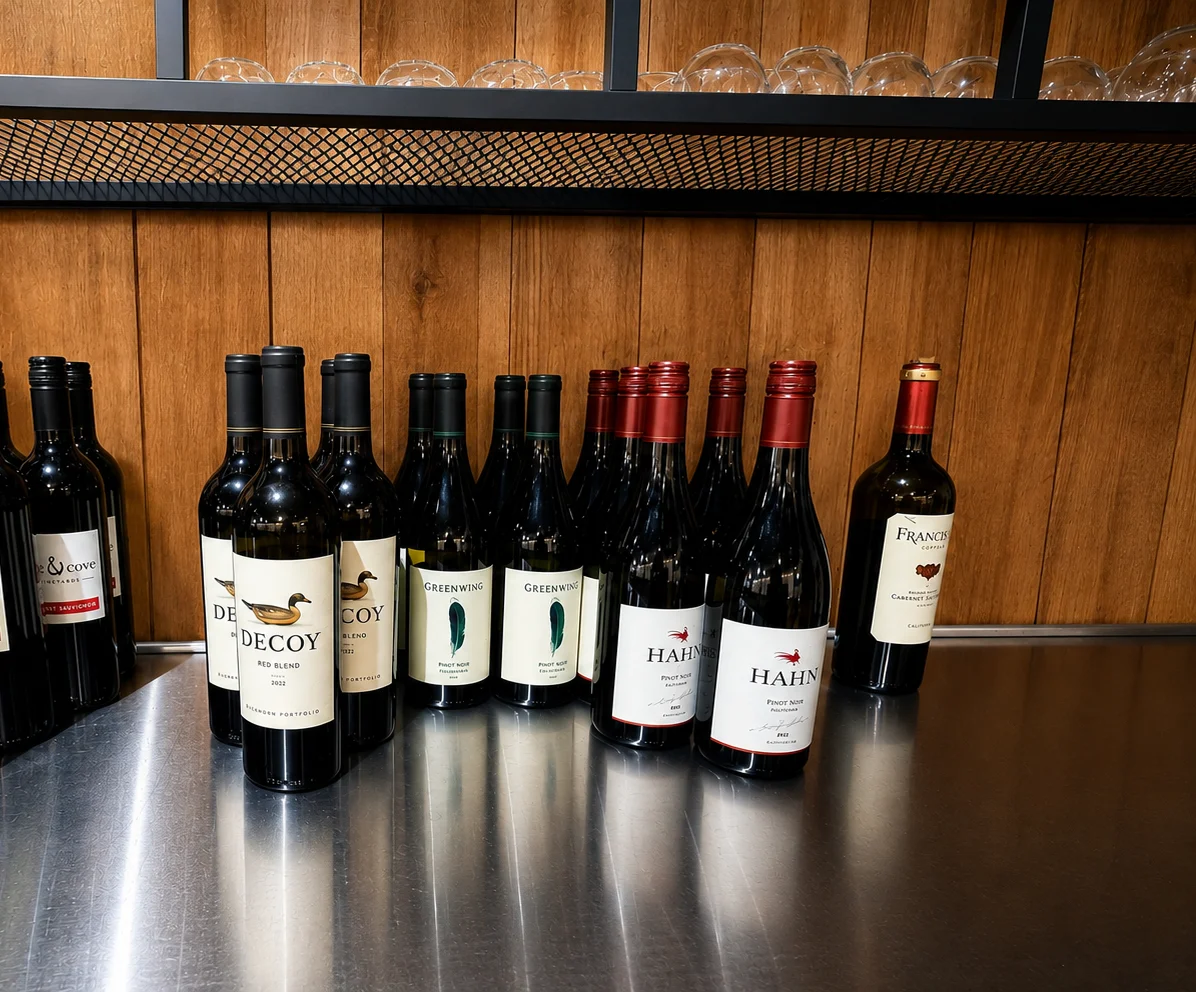 Selection of fine wines displayed on a bar counter