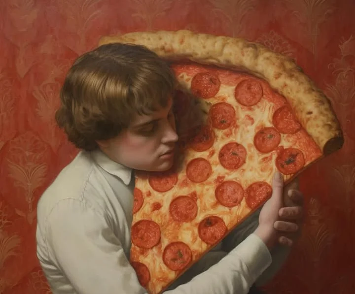 Artistic portrayal of a boy embracing a large pepperoni pizza slice