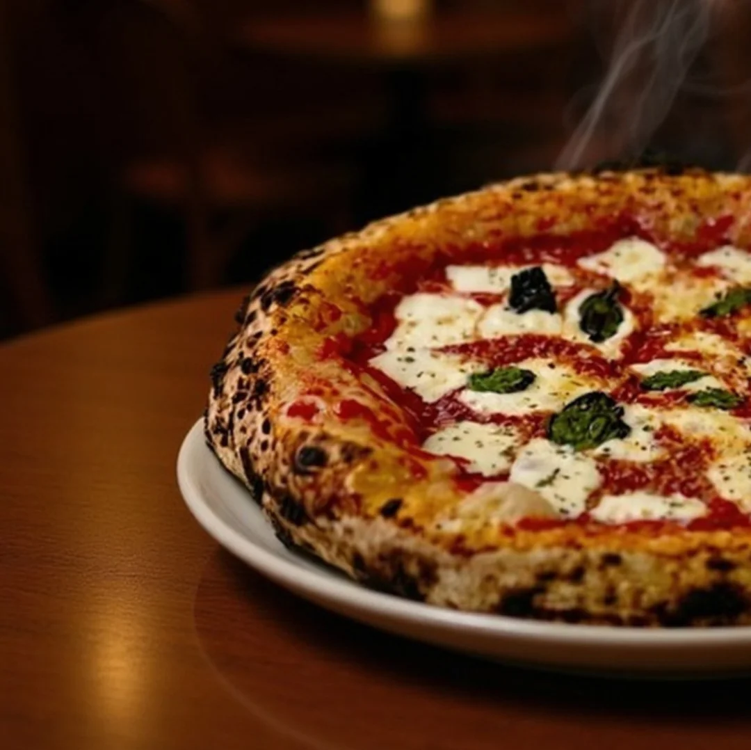 Margherita pizza fresh from a wood-fired oven