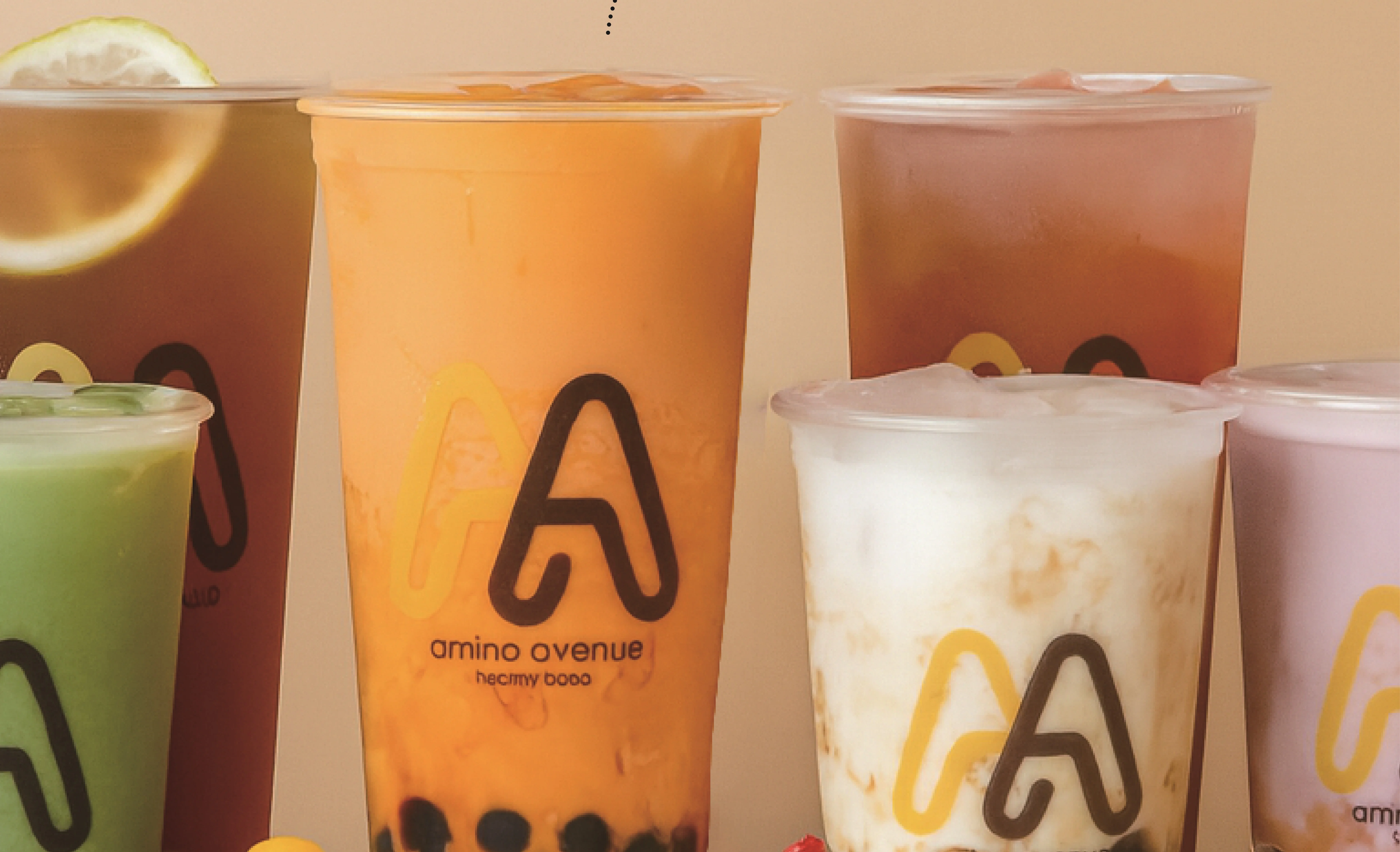 A colorful poster for Amino Avenue showcasing restaurant offerings.