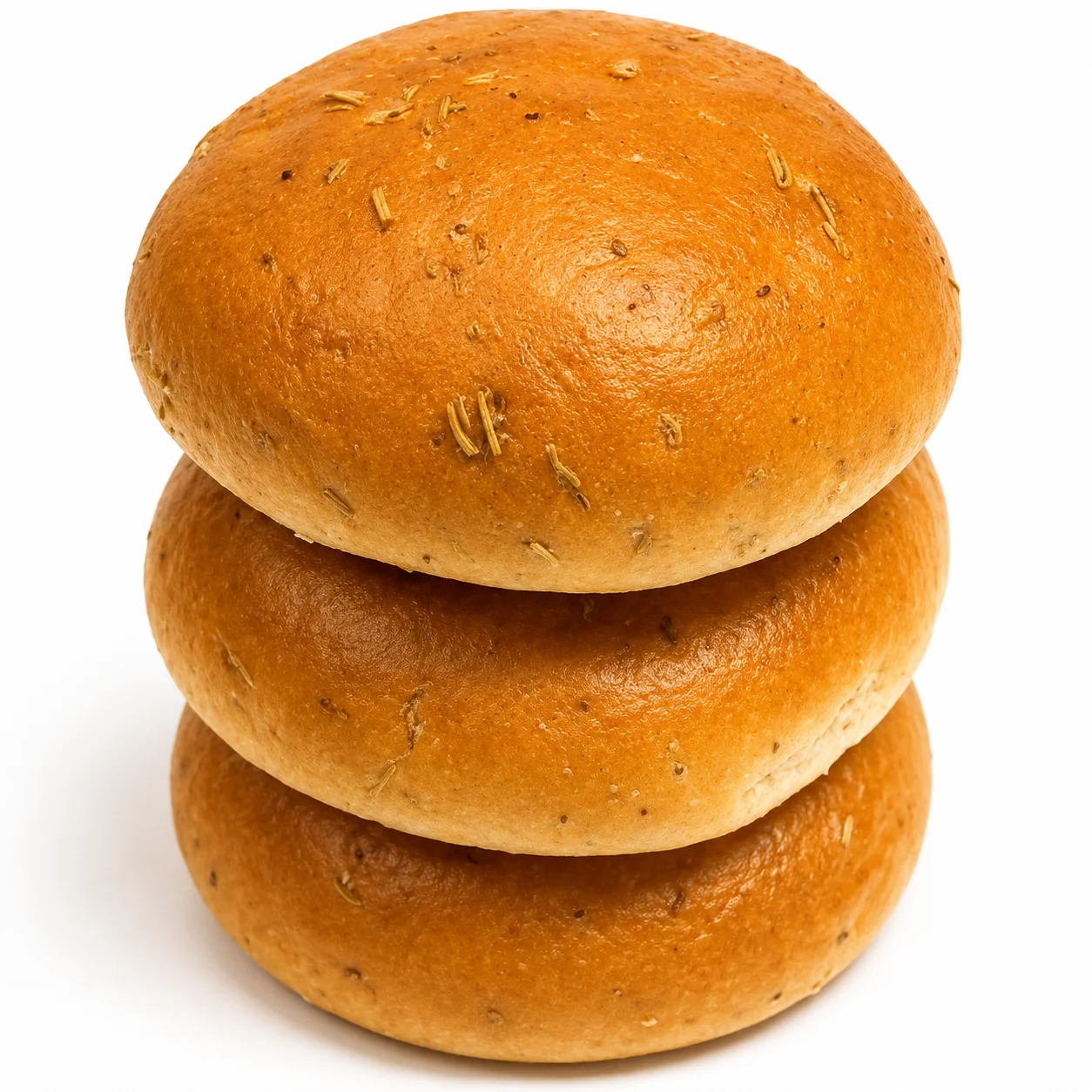 Three round, golden-brown bread rolls stacked on top of each other.