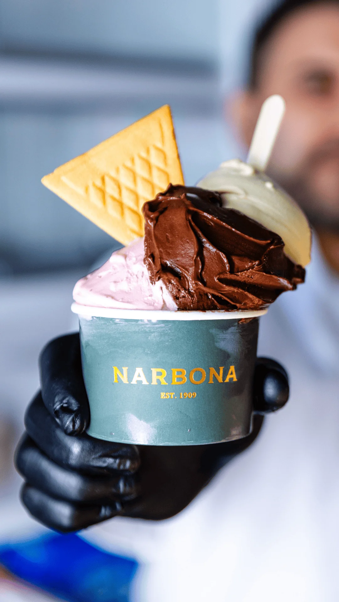 Artisan gelato in a cup with waffle cone