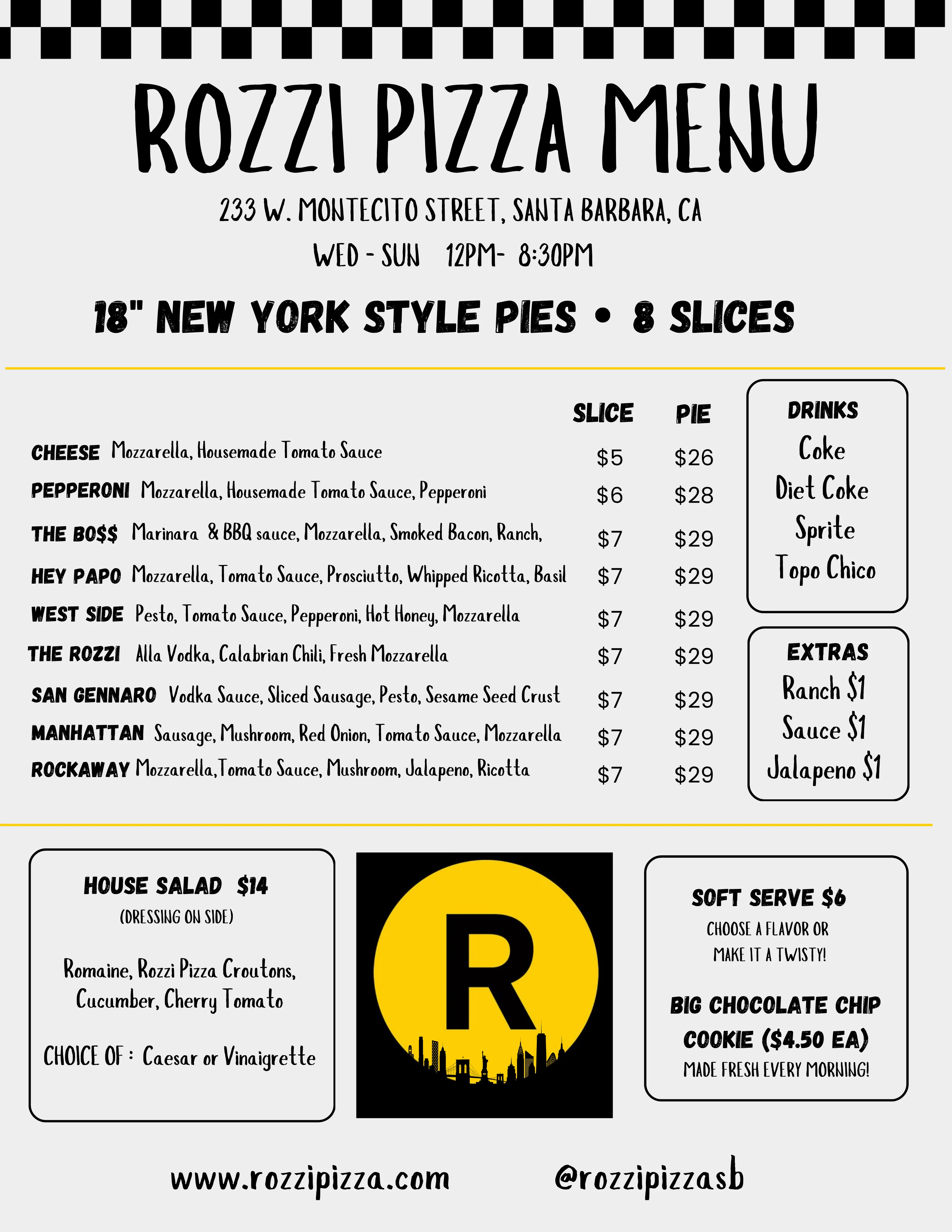 Rozzi Pizza menu featuring New York style pies and drinks.