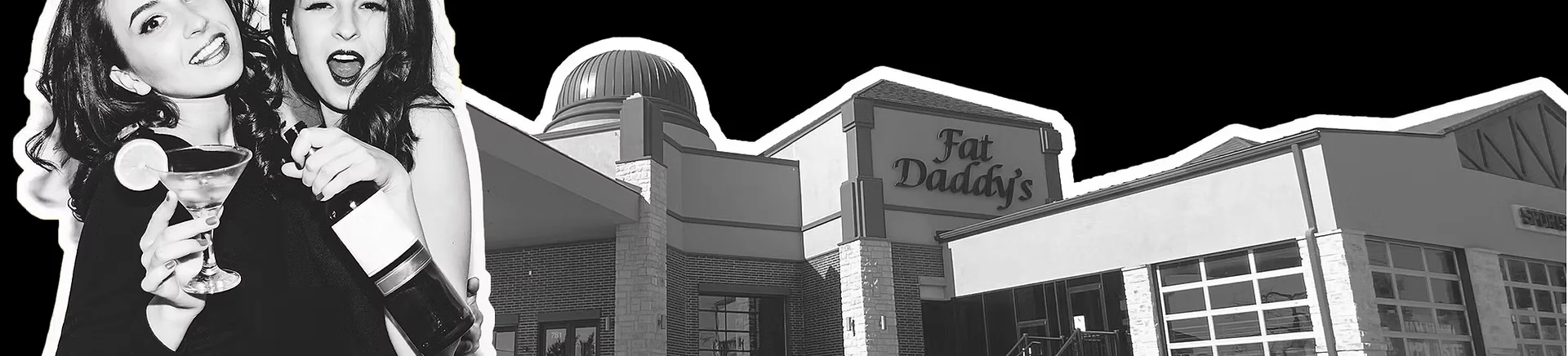 Exterior view of Fat Daddy's restaurant with lively patrons enjoying drinks