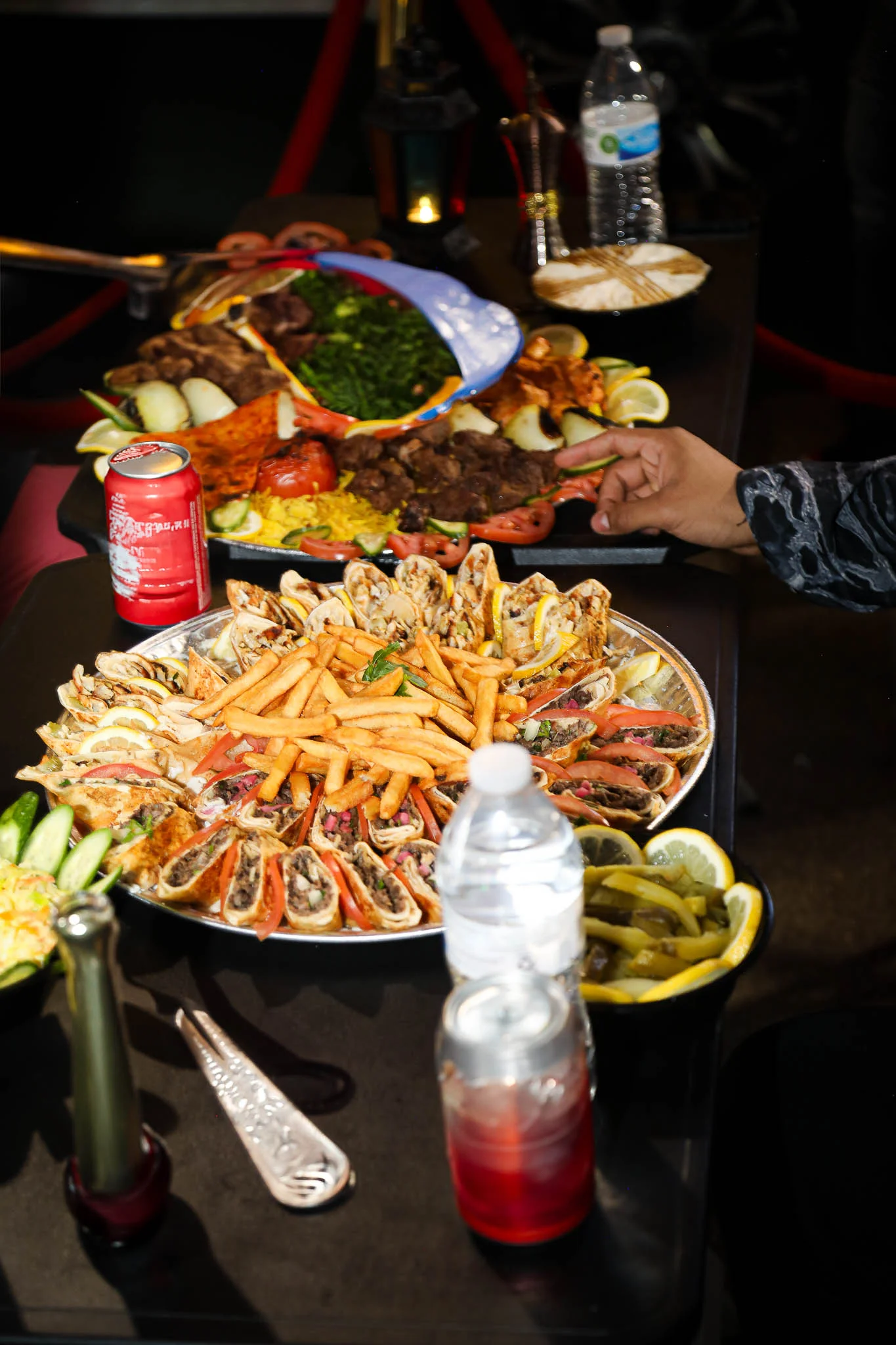 Platter of Middle Eastern shawarma with fries and fresh vegetables