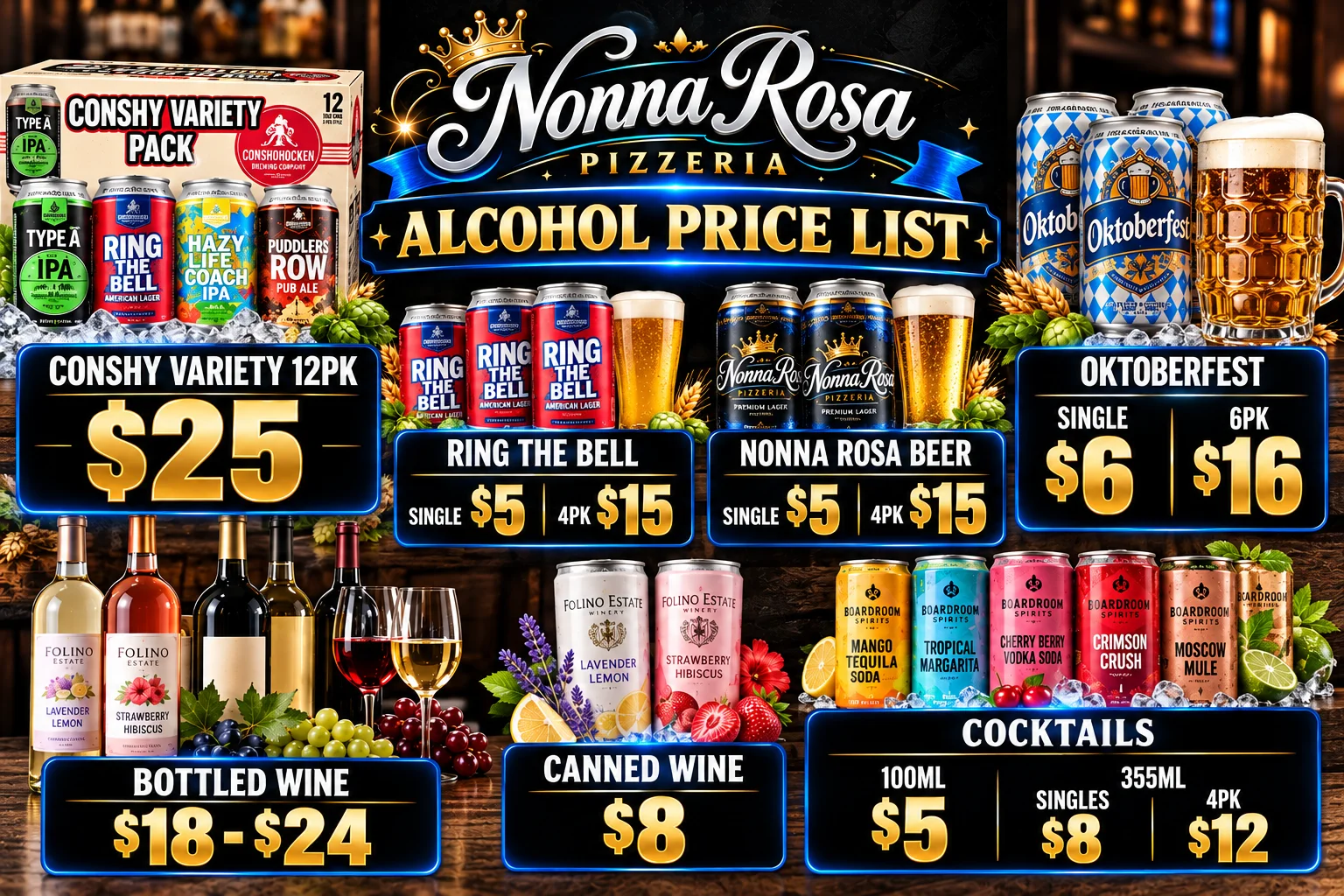 Restaurant alcohol price list featuring beer, wine, cocktails, and Oktoberfest specials