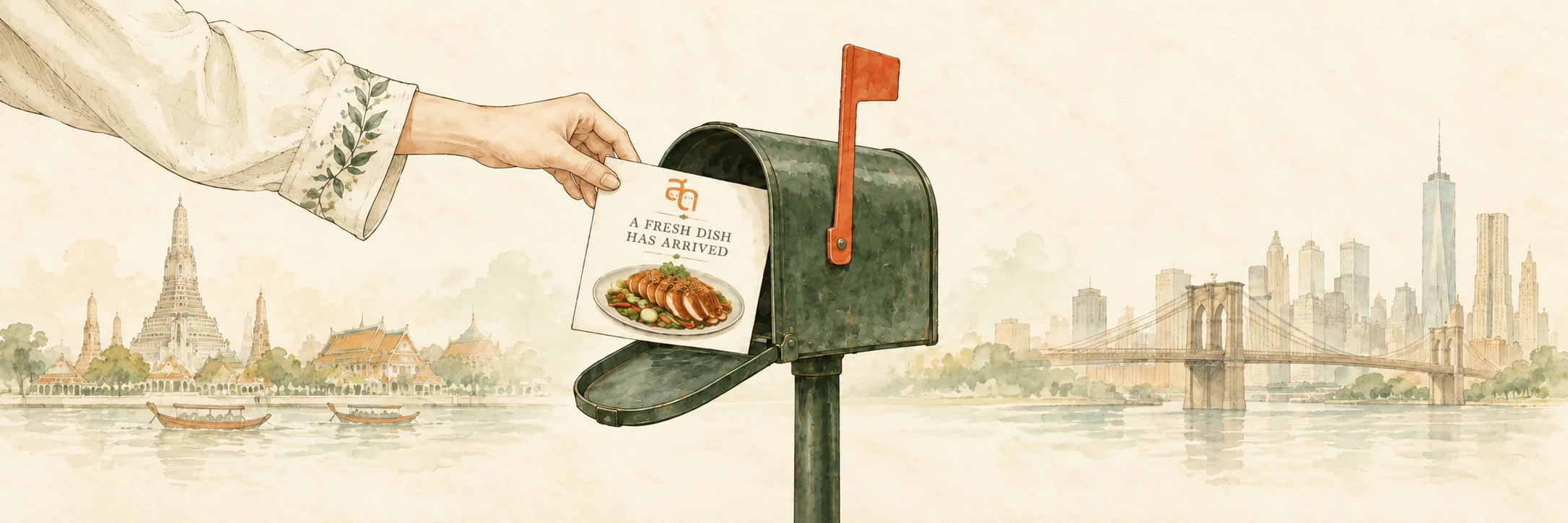 Hand placing a SOD Thai Kitchen new dish announcement into a green mailbox