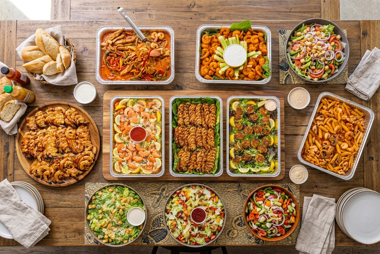 Assorted seafood platters and salads for a festive gathering