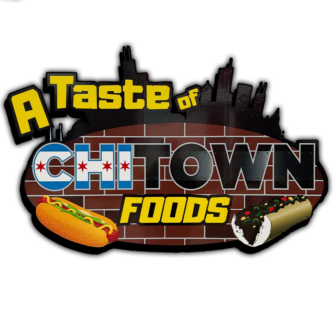 Logo for A Taste of Chitown Foods featuring Chicago-style hot dogs and Italian beef