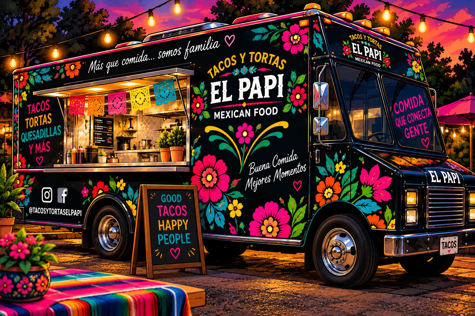 Colorful Mexican food truck serving tacos and tortas in a festive setting