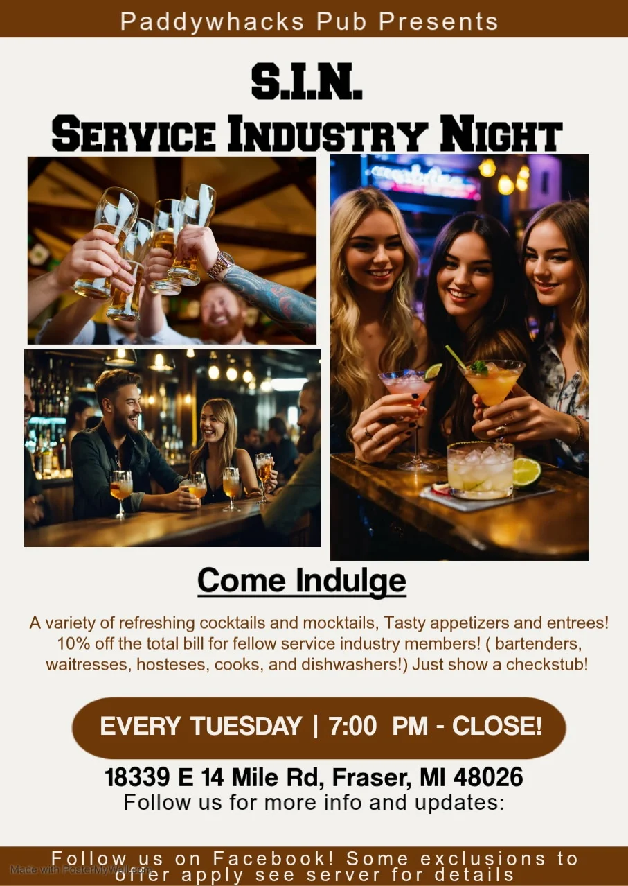 Service Industry Night at Paddywhacks Pub with cocktails and lively atmosphere