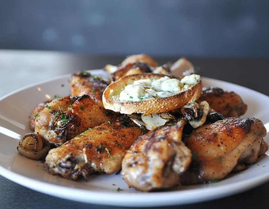 A plate of grilled chicken wings accompanied by a toasted slice of bread topped with blue cheese.