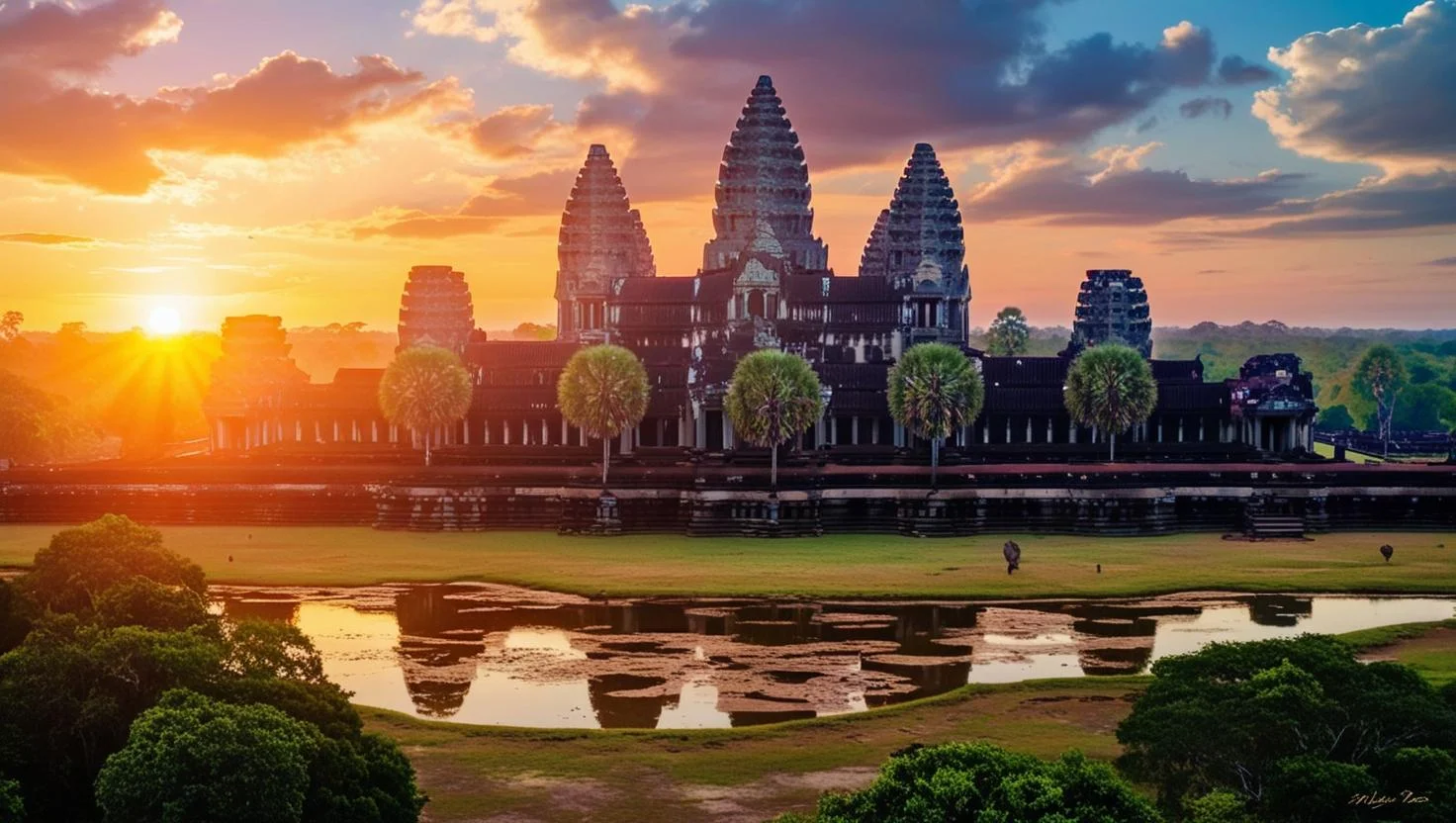 Angkor Wat temple at sunrise with reflection in water