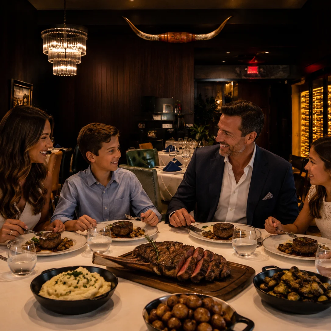 Family enjoying a gourmet steak dinner in an elegant restaurant