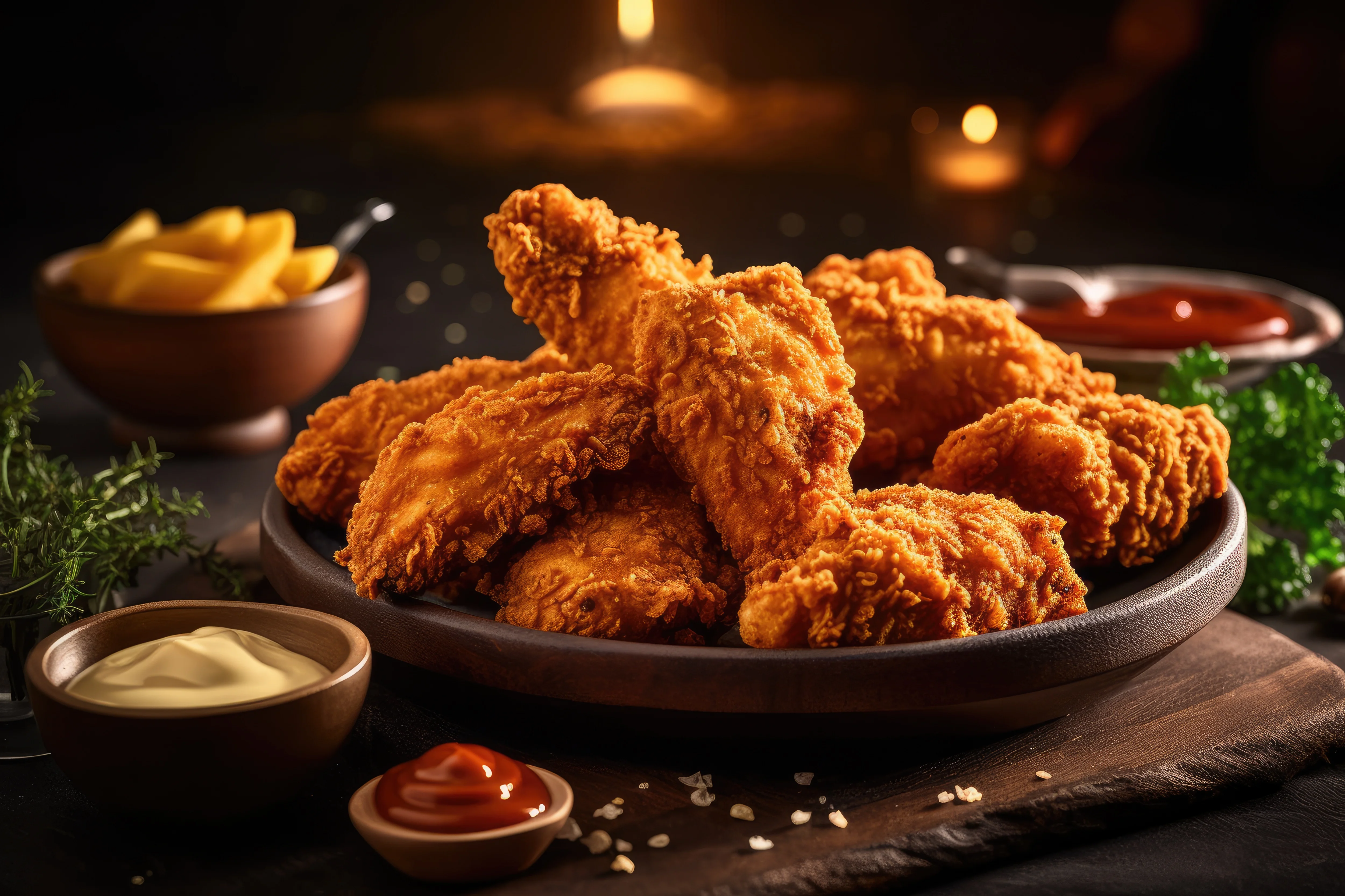 Crispy fried chicken served with dipping sauces