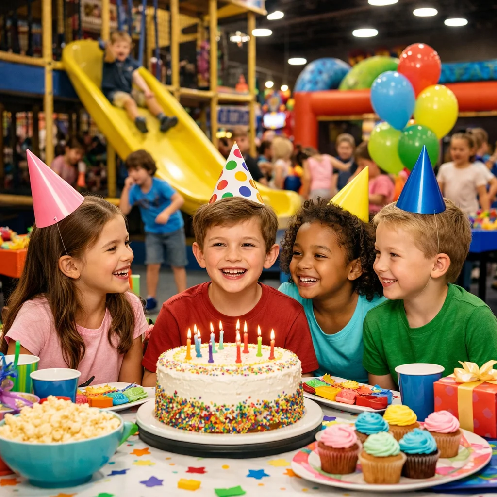Children celebrating a birthday party with cake and colorful decorations
