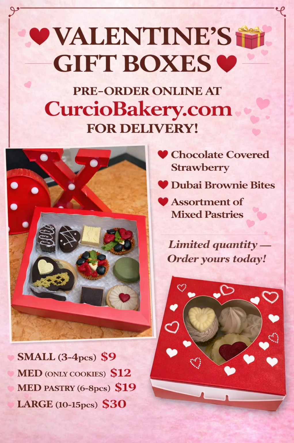 Valentine's gift box with assorted pastries and chocolates