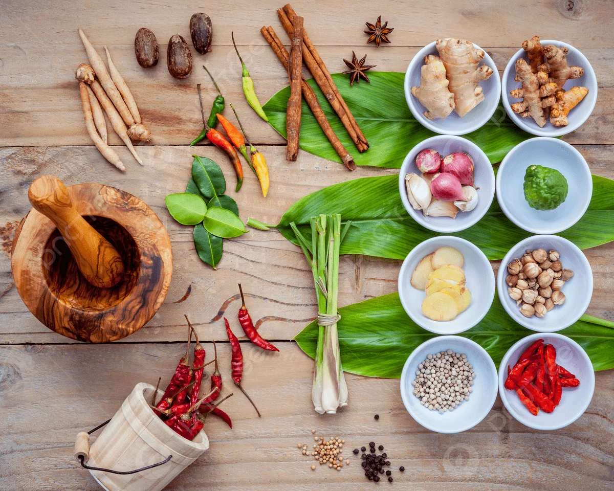 Assorted spices and herbs for Thai cuisine preparation