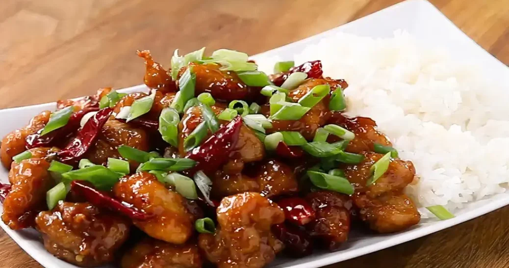 Sweet and spicy General Tso's chicken with rice