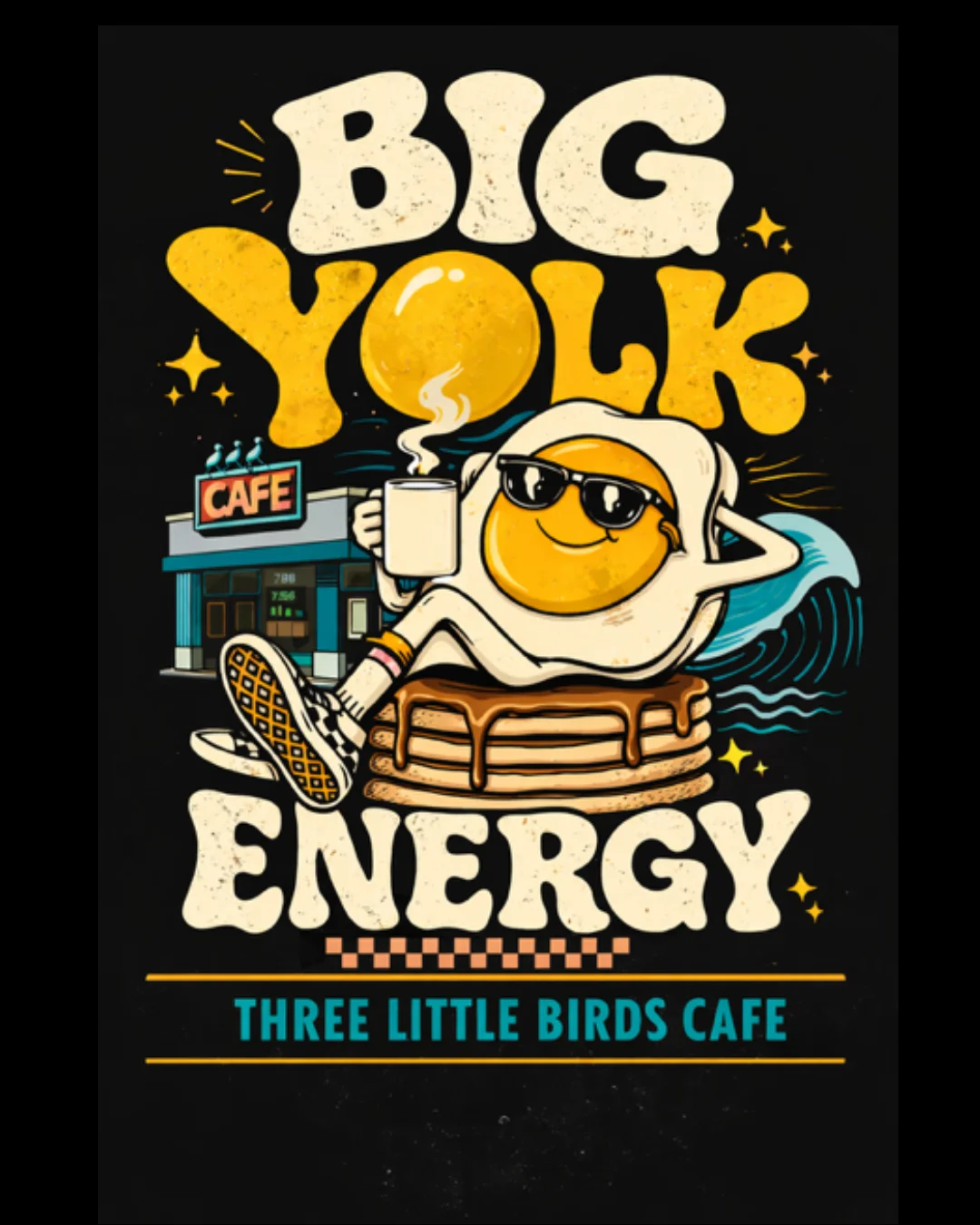 Playful illustration of a sunny-side-up egg with coffee at a cafe