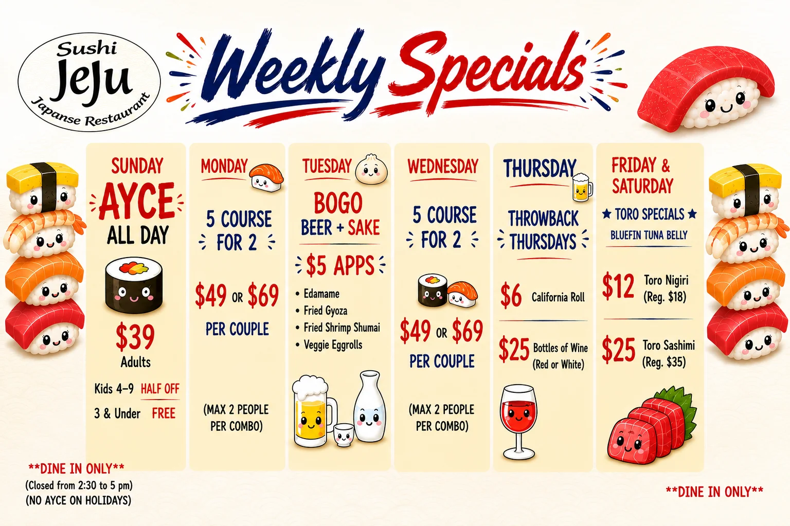 Weekly sushi specials at a Japanese restaurant