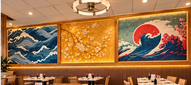 Stylish restaurant interior with Japanese-inspired wall art and modern furnishings