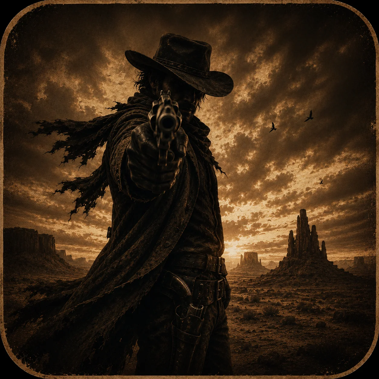 Silhouette of a cowboy aiming a revolver at sunset
