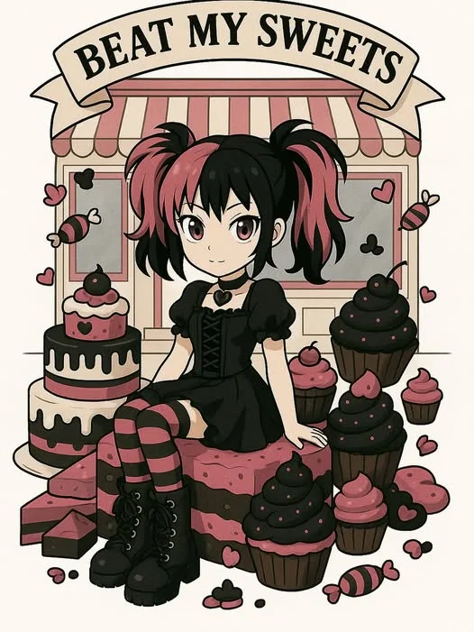 Anime character surrounded by colorful desserts and sweets