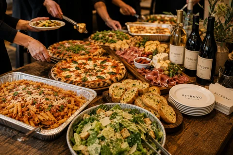 Italian feast with pizza, pasta, and salad at a rustic dining table