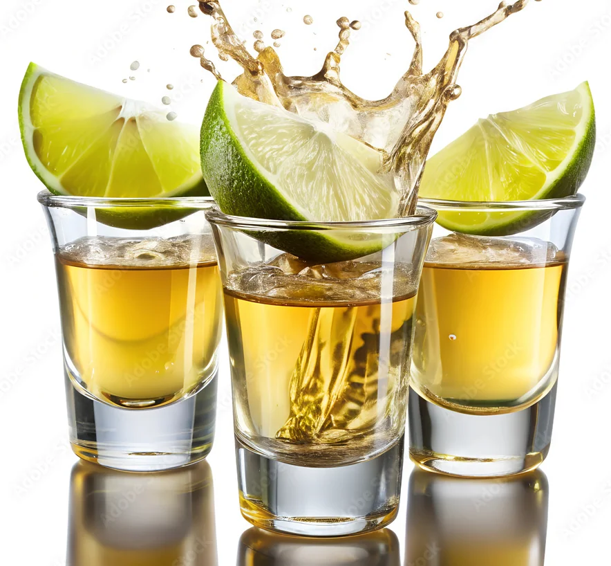 Shots of tequila with lime wedges and splashes