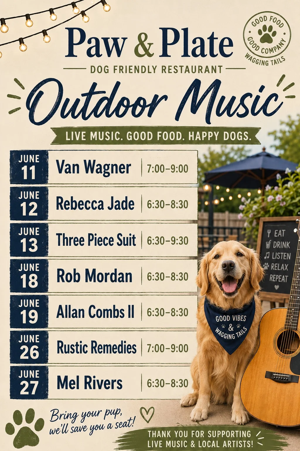 Outdoor music event at a dog-friendly restaurant with a golden retriever.