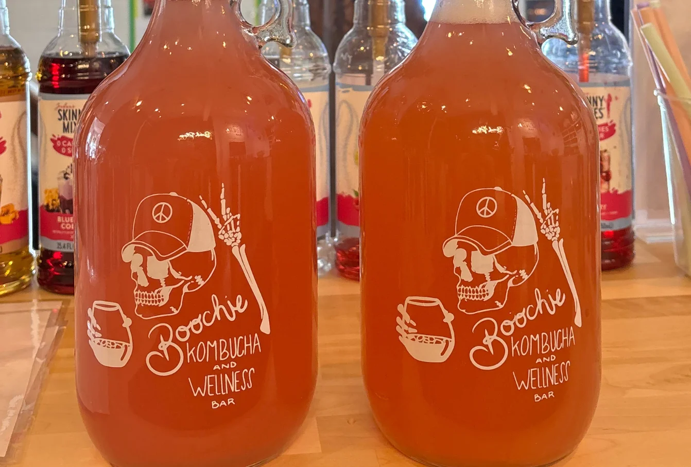 Bottles of kombucha at a wellness bar