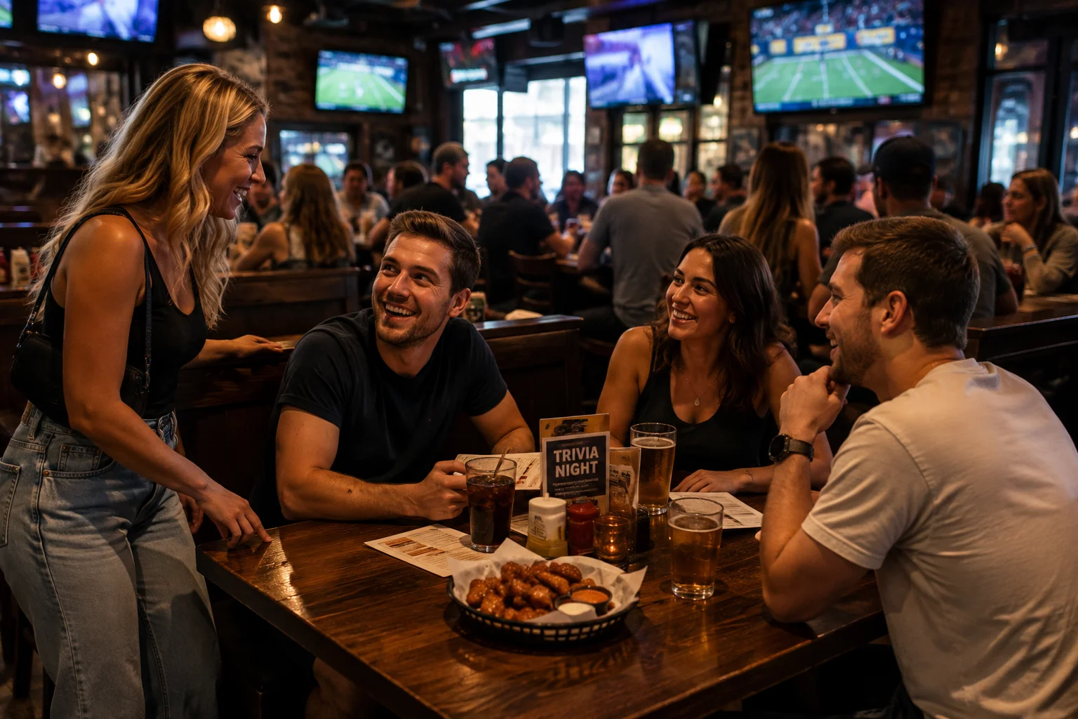 Friends arriving for trivia night at Woodward Tavern