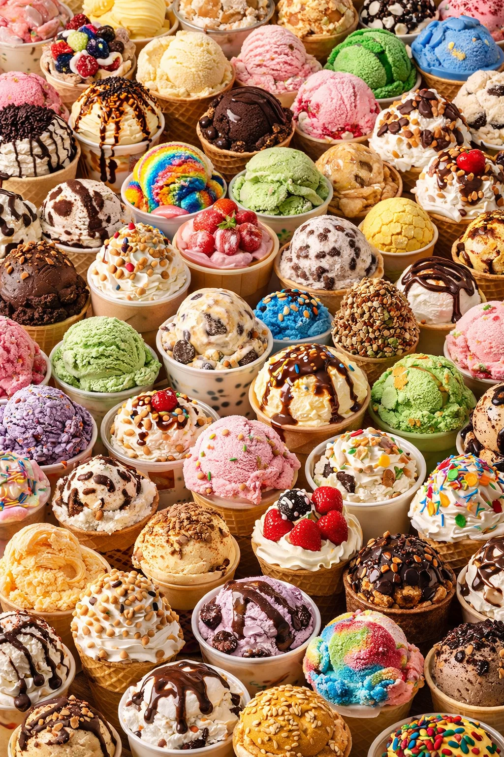 Colorful assortment of ice cream scoops in various flavors