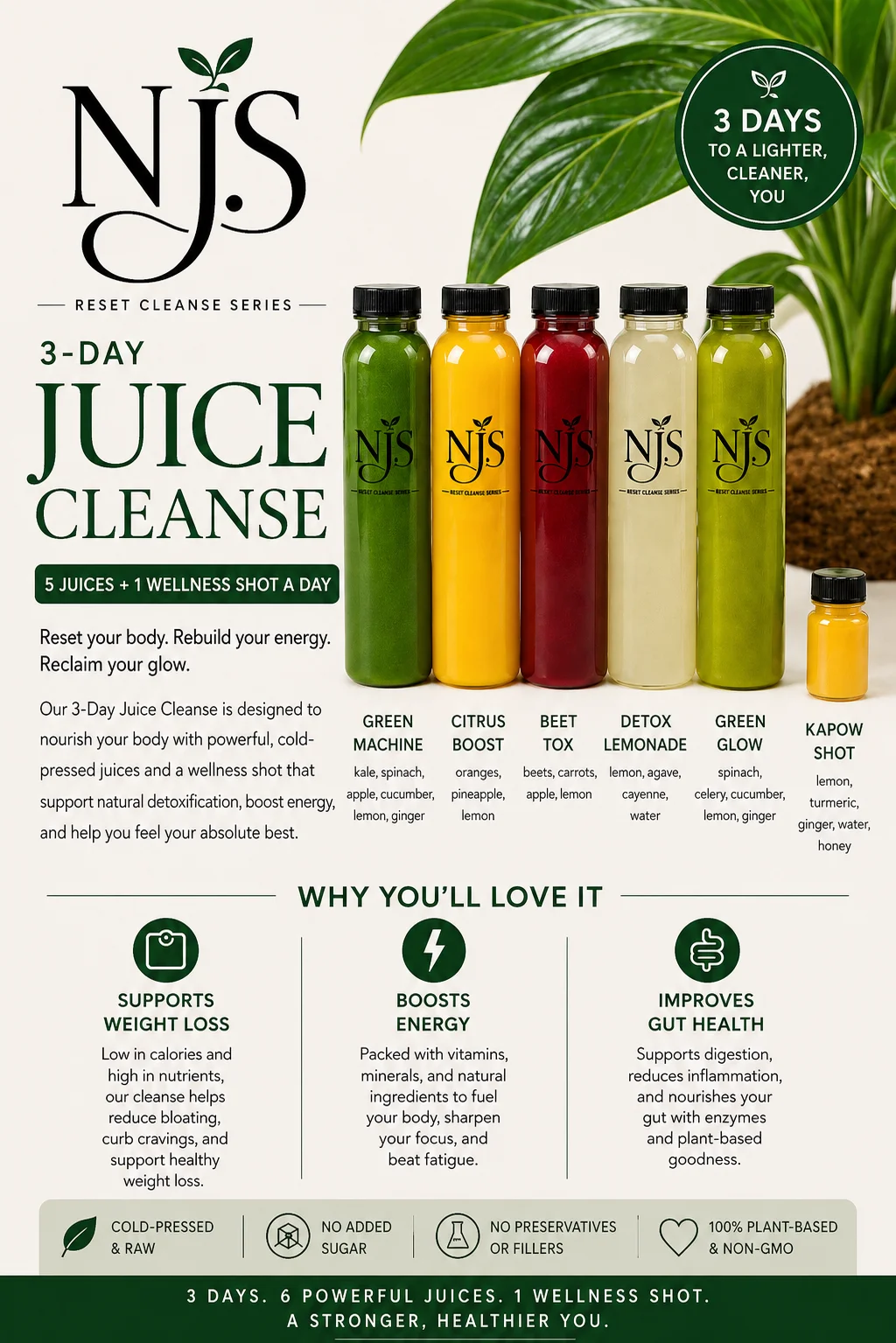 Promotional material for a 3-day juice cleanse featuring six colorful juice bottles, with health benefits highlighted, including weight loss support and improved gut health.