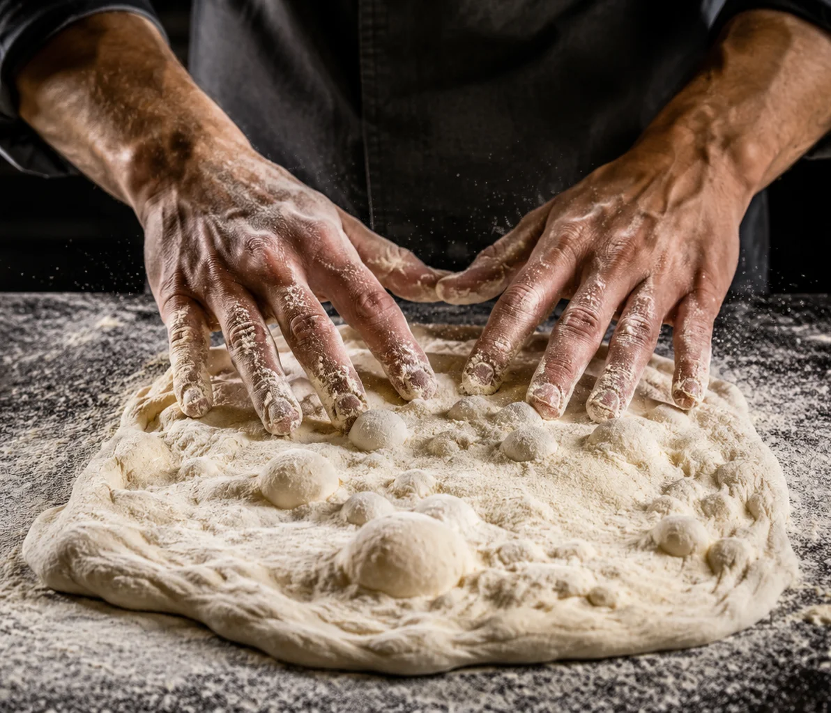 Chef kneading pizza dough on a floured surface
