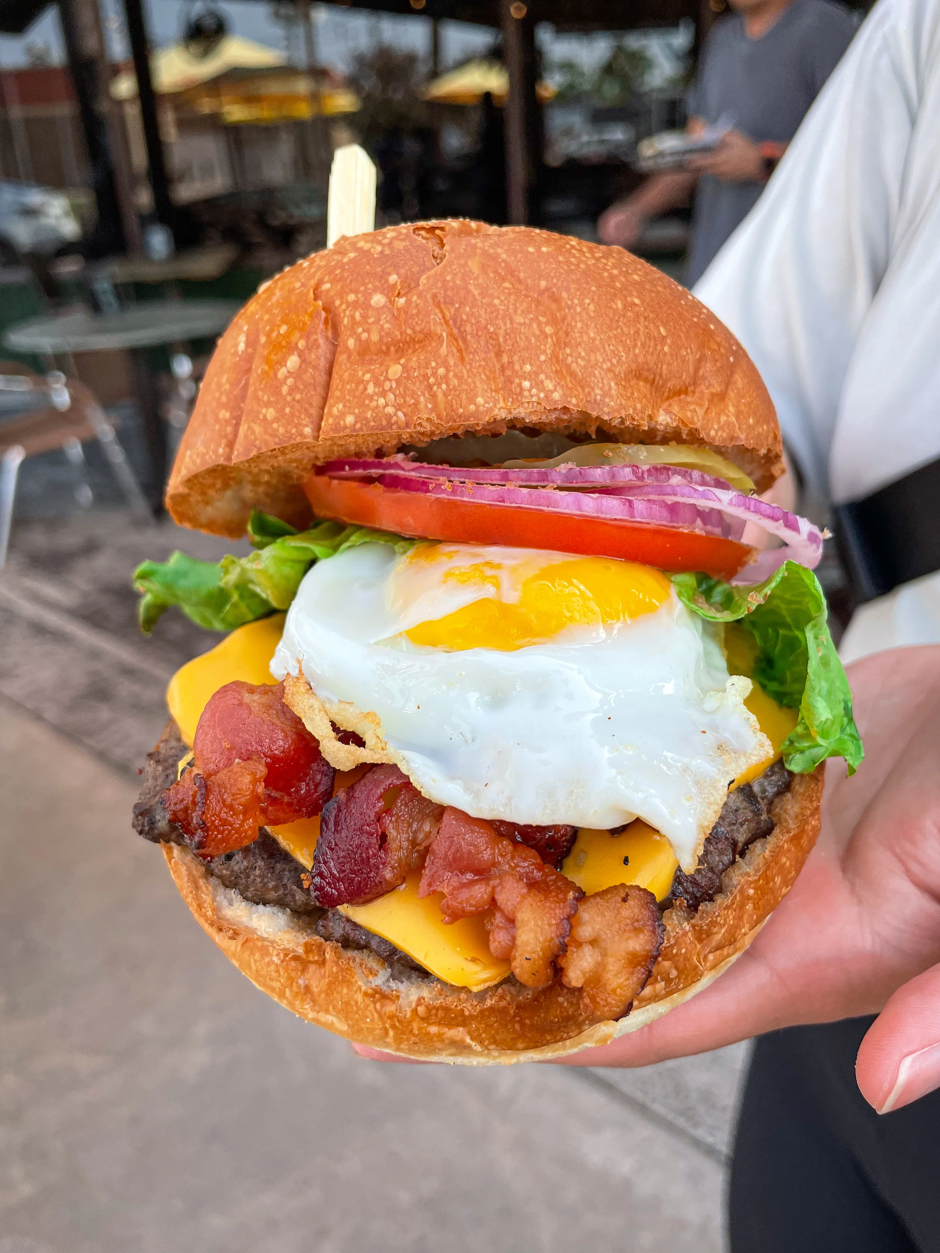 Classic American breakfast burger with egg and bacon