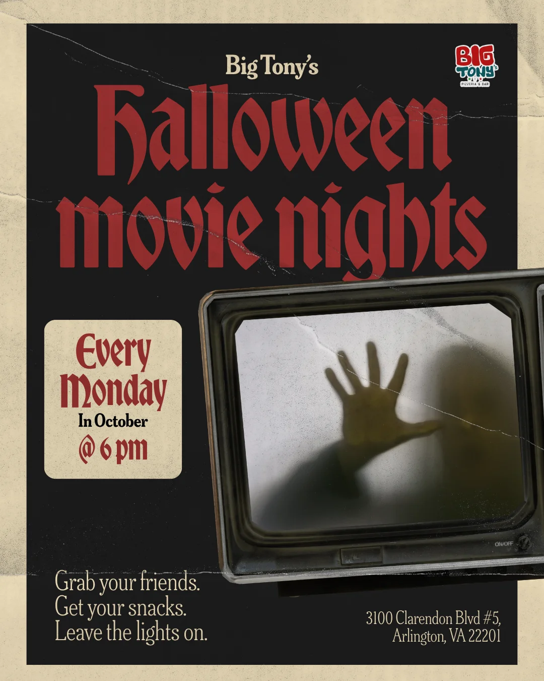 Halloween movie night restaurant event poster with vintage TV and shadowy hand