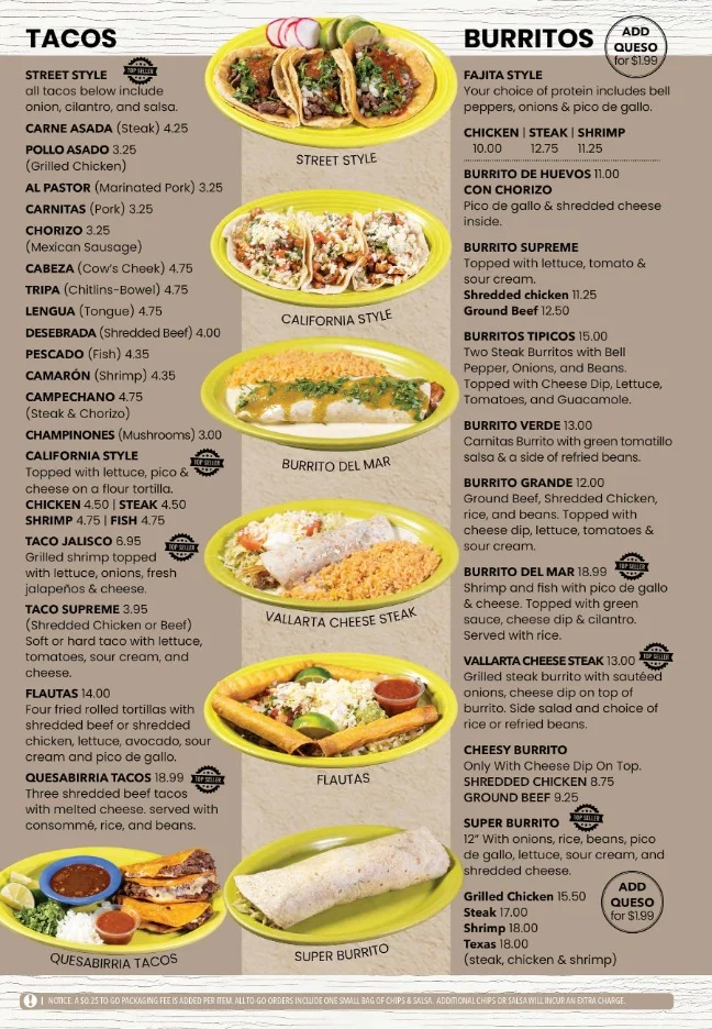 Variety of Mexican tacos and burritos on a restaurant menu