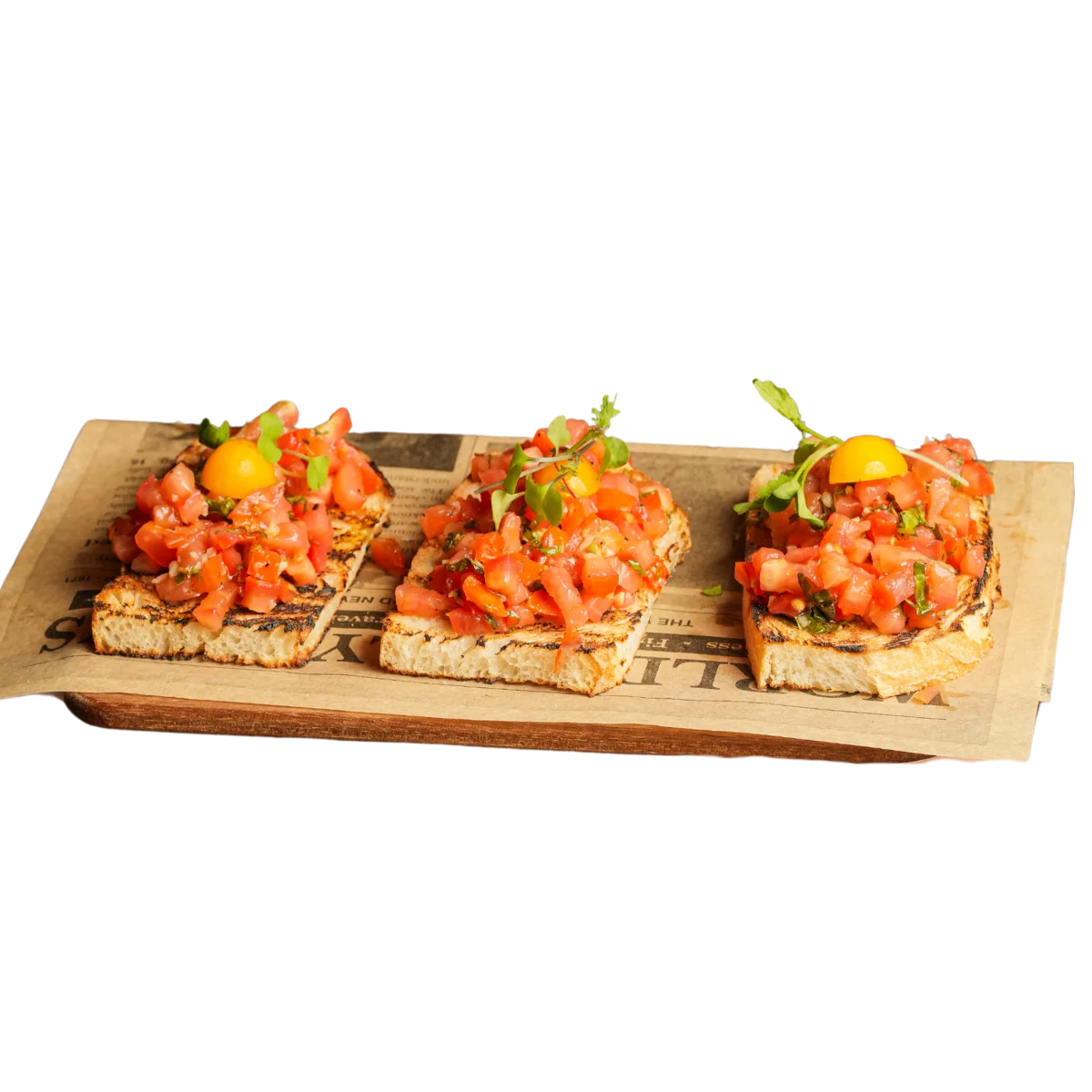 Italian bruschetta topped with fresh tomatoes and herbs