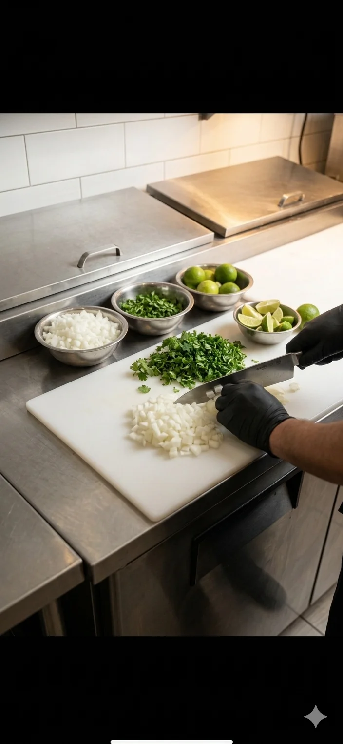 Chopping fresh ingredients for Mexican tacos in a restaurant kitchen