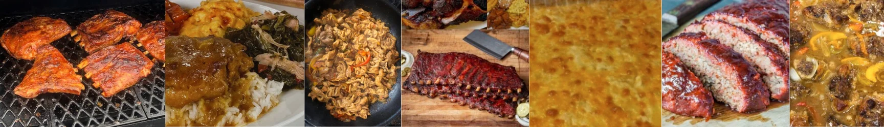 Collage-style banner for Bread of Heaven showing barbecue ribs, soul food plates, macaroni and cheese, meatloaf, and oxtails, with a rustic design layout.