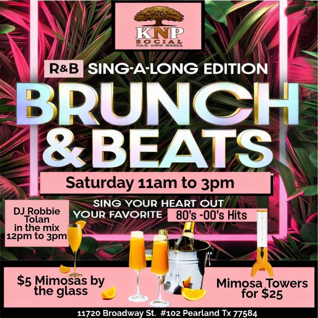 Vibrant brunch event flyer featuring R&B music and mimosas