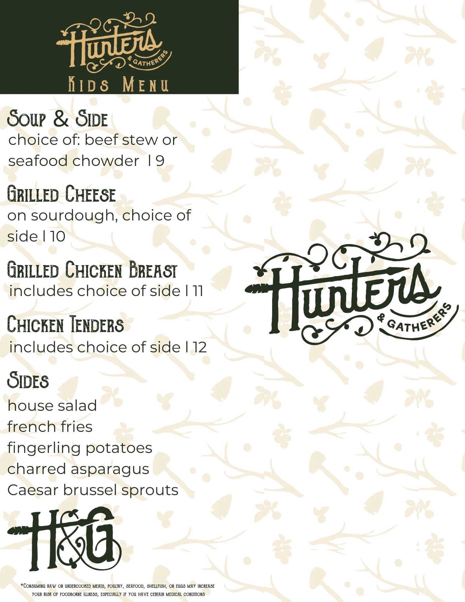 Kids menu featuring grilled cheese and chicken tenders