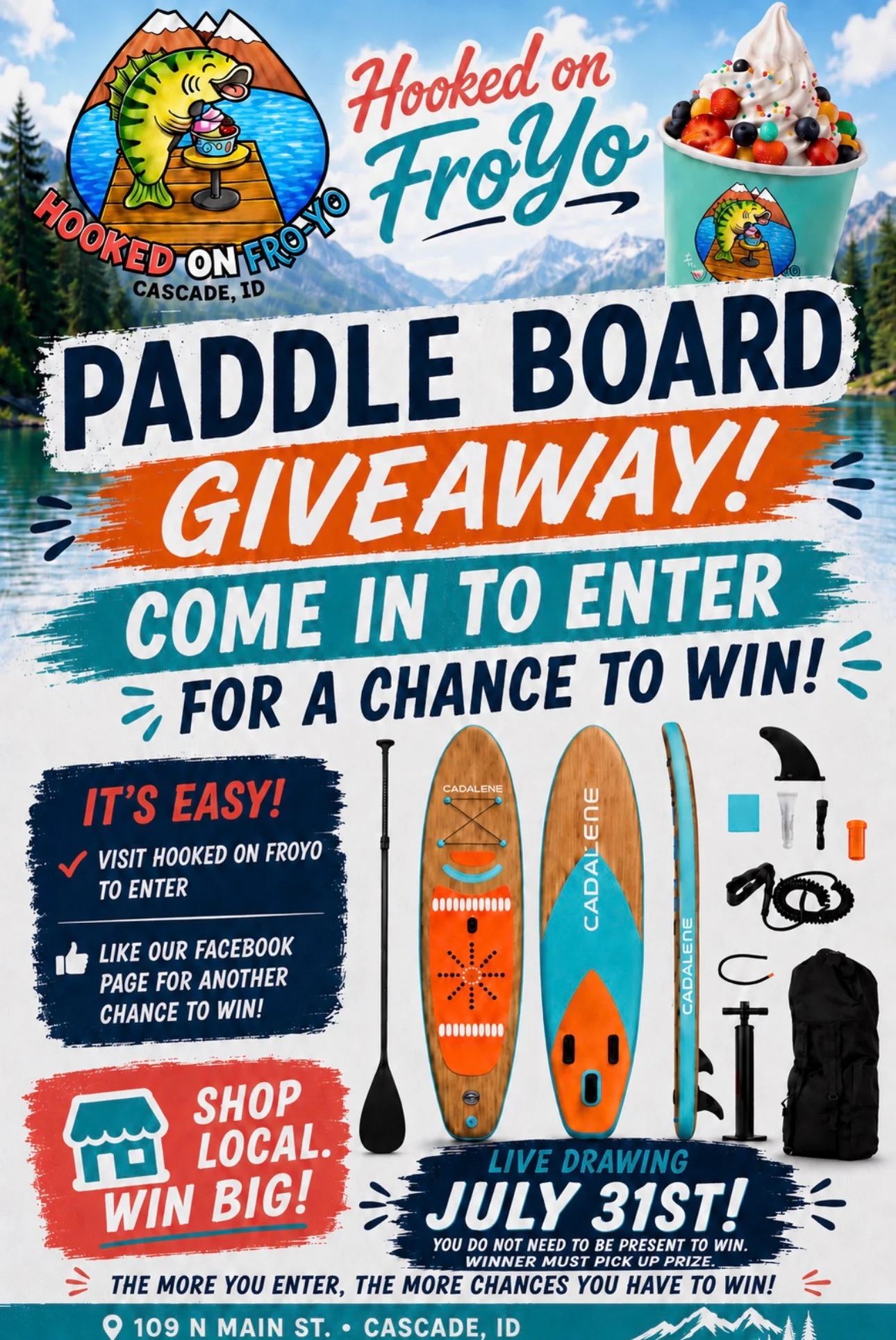 A promotional flyer for a giveaway featuring paddle boards and instructions to enter the contest, surrounded by a scenic water backdrop.
