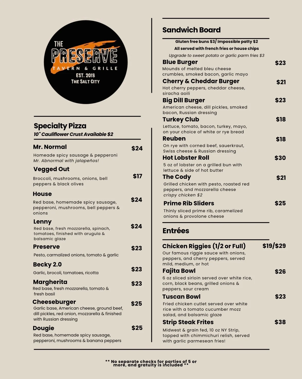 Menu featuring specialty pizzas and sandwiches at a tavern