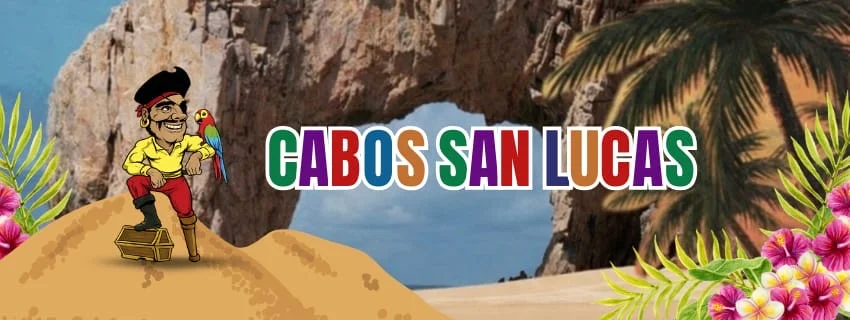Colorful graphic of Cabos San Lucas with pirate character and beach background