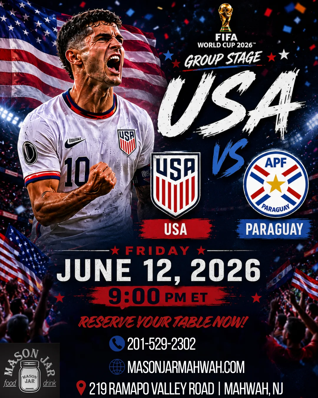 USA vs Paraguay match poster for FIFA World Cup 2026 on June 12