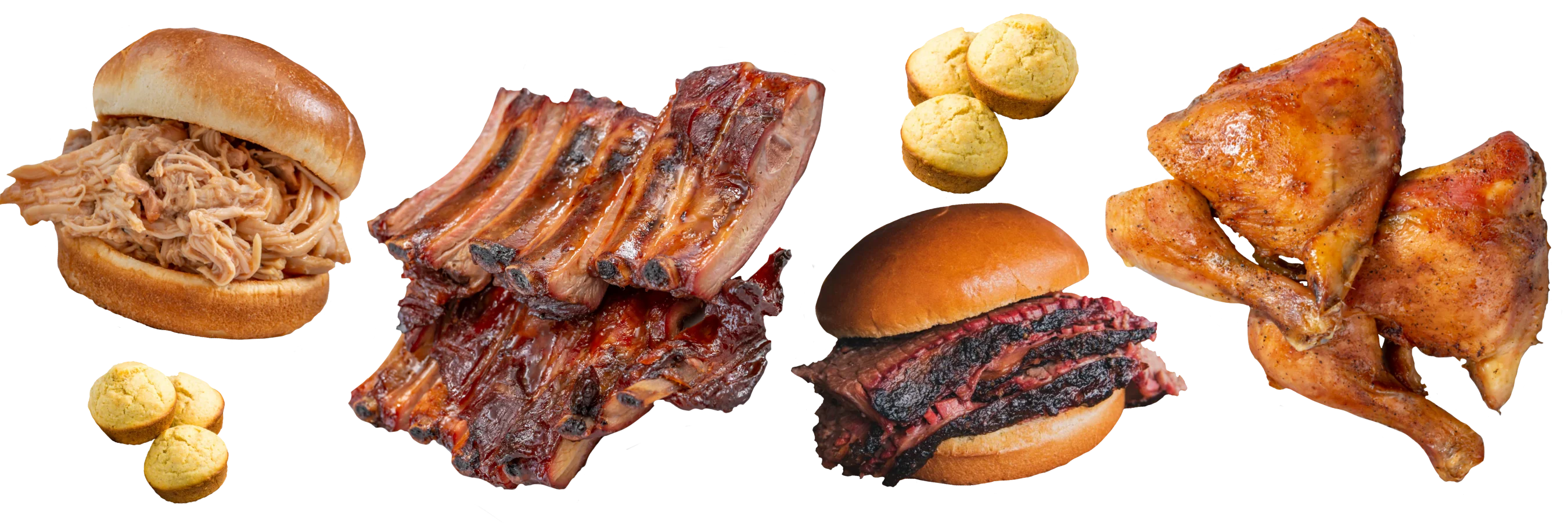 Southern BBQ platter with pulled pork, ribs, brisket, and cornbread